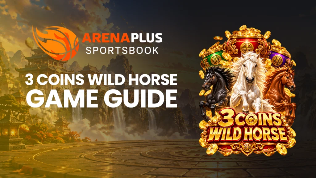 3 Coin Wild Horse online slot banner featuring ArenaPlus Sportsbook branding, TaDa Gaming, five reels with 243 ways to win, wild horses, coin-collecting pots, a progressive jackpot, and a maximum win of up to 2,000x the stake.