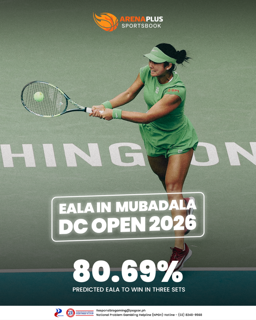 Alex Eala in Mubadala DC Open in 2026 with ArenaPlus logo on the center top. 80