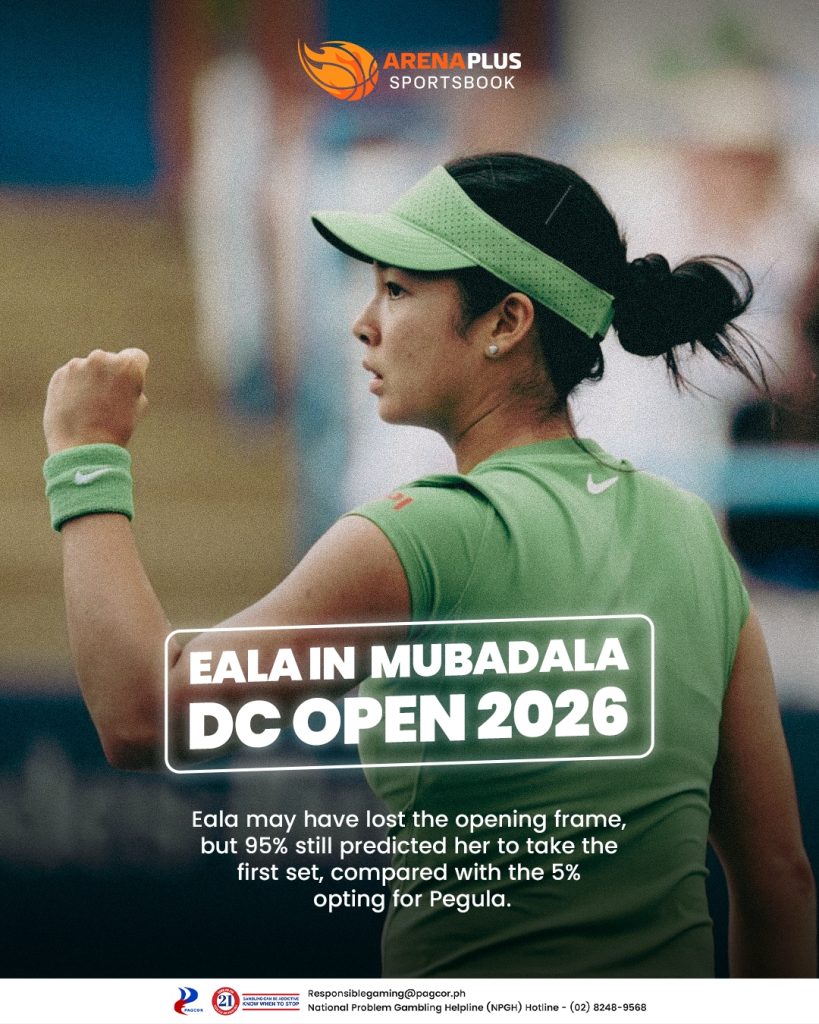 A tennis graphic featuring Alex Eala, a female tennis player in green with ArenaPlus Sportsbook branding and match prediction text.
