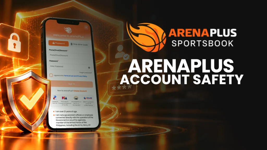 ArenaPlus account safety banner explaining the 21+ age requirement, personal information protection, and steps to take if unauthorized account access is suspected.