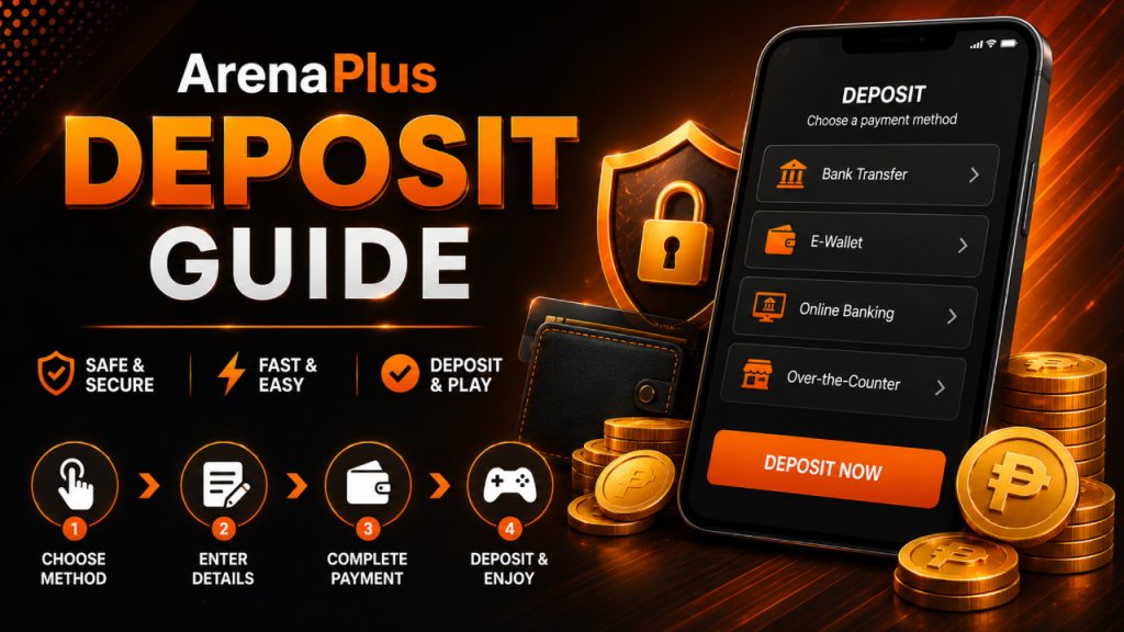 ArenaPlus deposit guide banner showing accepted payment methods including GCash, Maya, bank transfers, Pay&Go, and major cards, with ₱500 minimum and ₱50,000 maximum deposit limits per transaction.