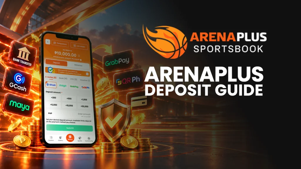 ArenaPlus deposit guide banner showing accepted payment methods including GCash, Maya, bank transfers, Pay&Go, and major cards, with ₱500 minimum and ₱50,000 maximum deposit limits per transaction.