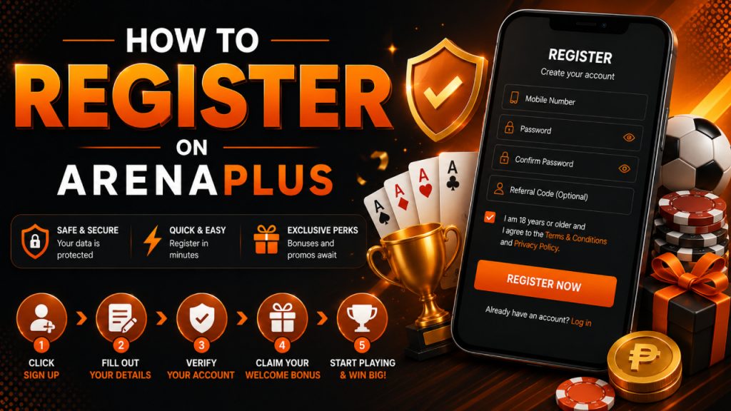 ArenaPlus registration guide banner showing the four-step account registration process and the required information, including full name, date of birth, contact details, username, and password.