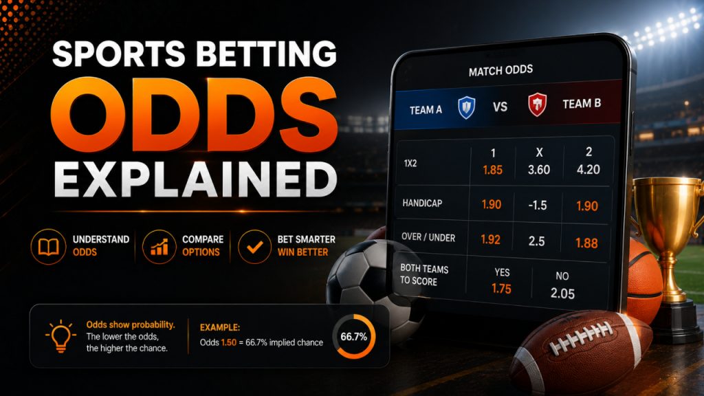 ArenaPlus sports betting odds banner explaining moneyline, spread, and totals bet types, with examples of decimal, American, and Hong Kong odds formats and a parlay overview.