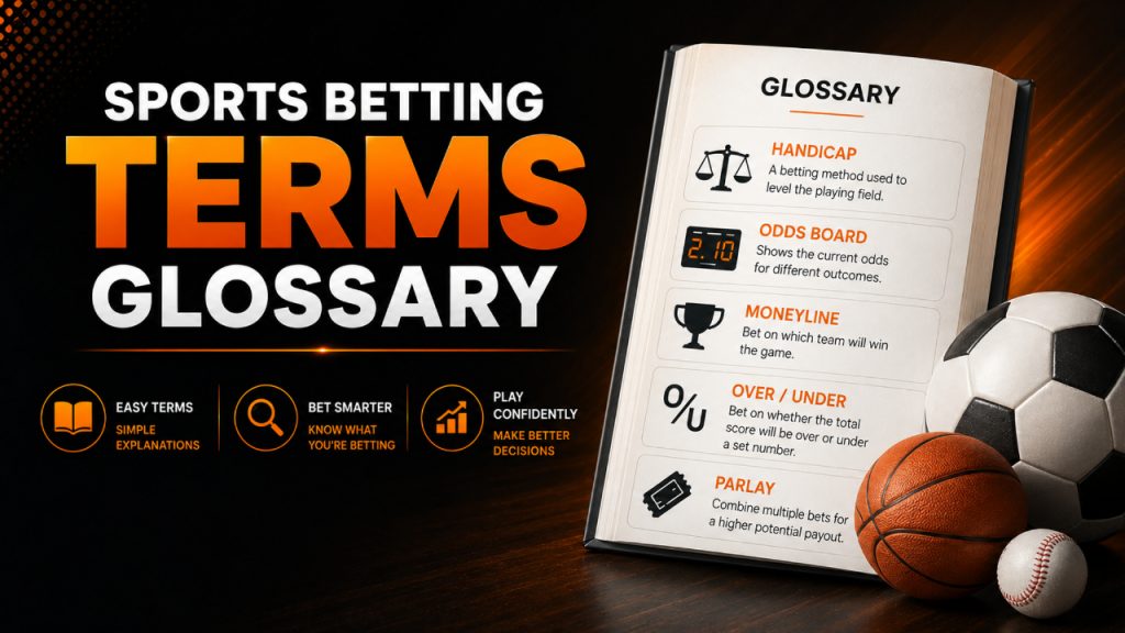 ArenaPlus sports betting terms glossary banner explaining handicap, over/under, and vig, with an example odds board showing moneyline, spread, and totals markets.