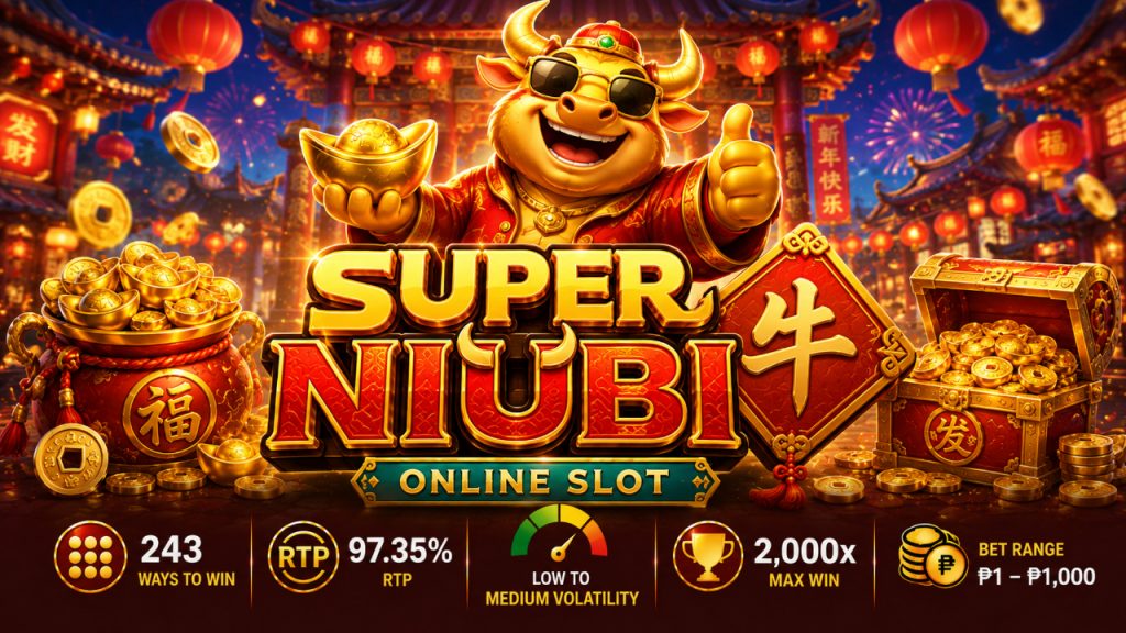 Super Niubi slot banner featuring ArenaPlus Sportsbook branding, a three-reel machine with four colored bull symbols, and game specifications including one payline, low volatility, 96% RTP, and up to 88x maximum win.