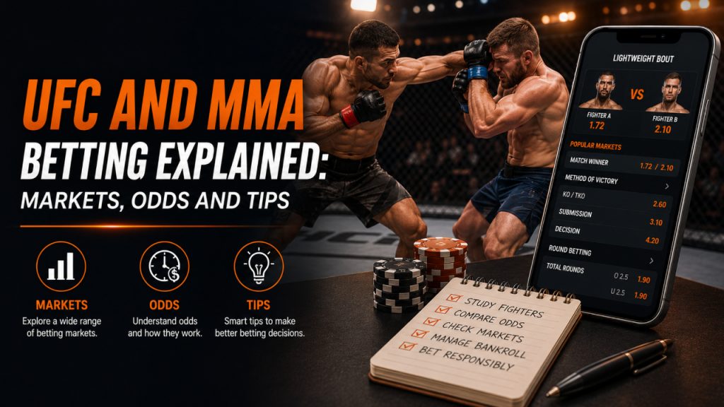 ArenaPlus UFC and MMA betting guide banner showing six betting markets: fight winner, method of victory, round betting, fight goes the distance, total rounds over/under, and live in-play betting, with decimal odds examples.