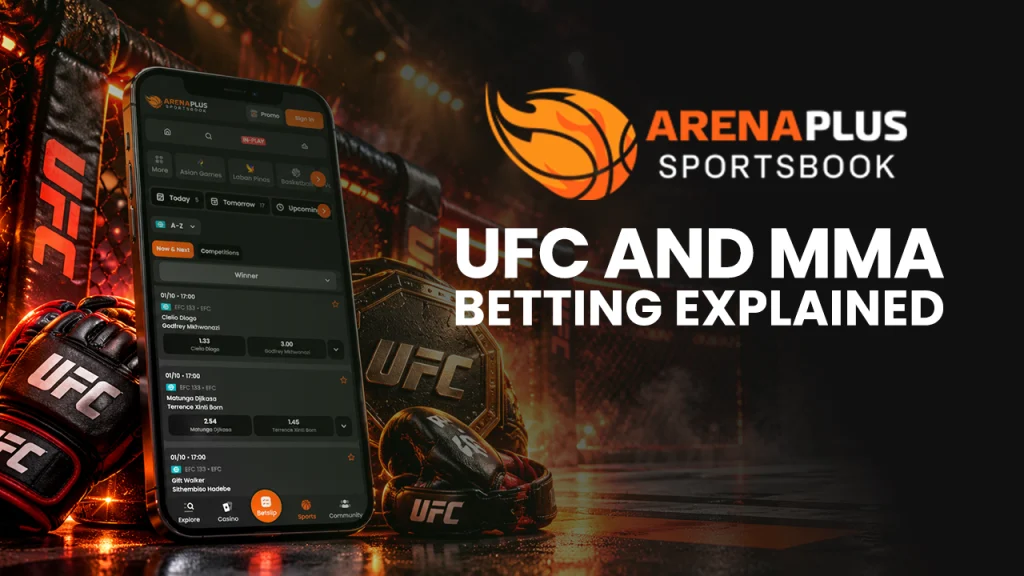 ArenaPlus UFC and MMA betting guide banner showing six betting markets: fight winner, method of victory, round betting, fight goes the distance, total rounds over/under, and live in-play betting, with decimal odds examples.