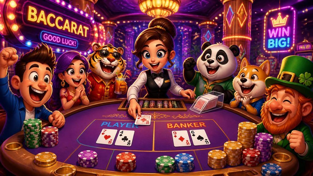 Colorful cartoon baccarat scene featuring a dealer, players, animal characters, playing cards, poker chips, and illuminated casino signs.