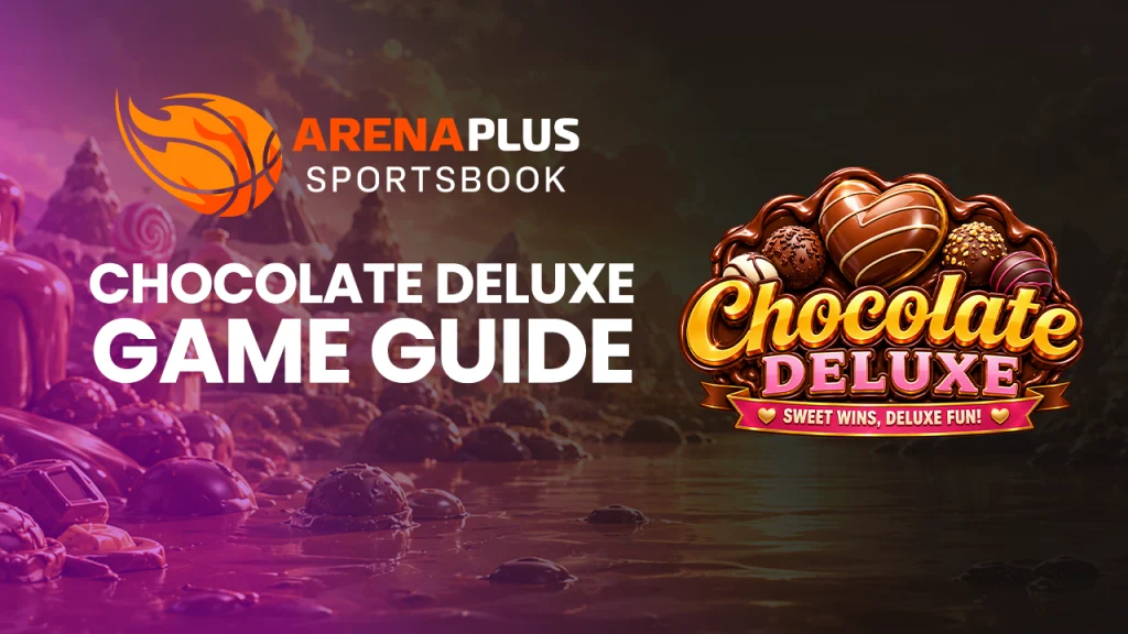 Chocolate Deluxe online slot banner featuring ArenaPlus Sportsbook branding, PG Soft, a 6x6 cluster-pay grid, chocolate-themed symbols, sticky wins, cascading reels, free spins, multipliers up to x100, and a maximum win of up to 5,000x the stake.