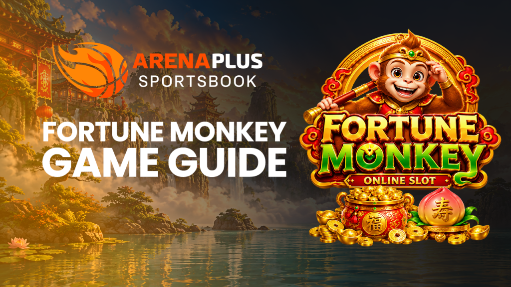 Fortune Monkey online slot banner featuring ArenaPlus Sportsbook branding, a jungle-themed JILI game with four reels, five fixed paylines, a 1x–15x multiplier reel, Wild Monkey respins, and bets from PHP 1 to PHP 1,000.