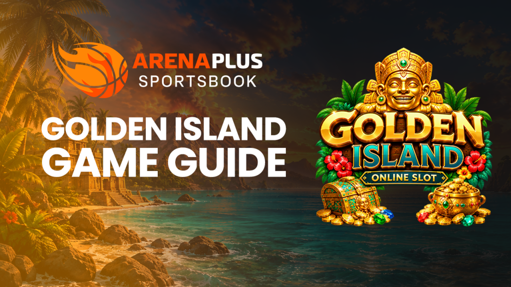 Golden Island online slot banner featuring ArenaPlus Sportsbook branding, a tropical treasure-island theme, 5G Games, a five-reel slot interface, and a maximum win of up to 20,000x.
