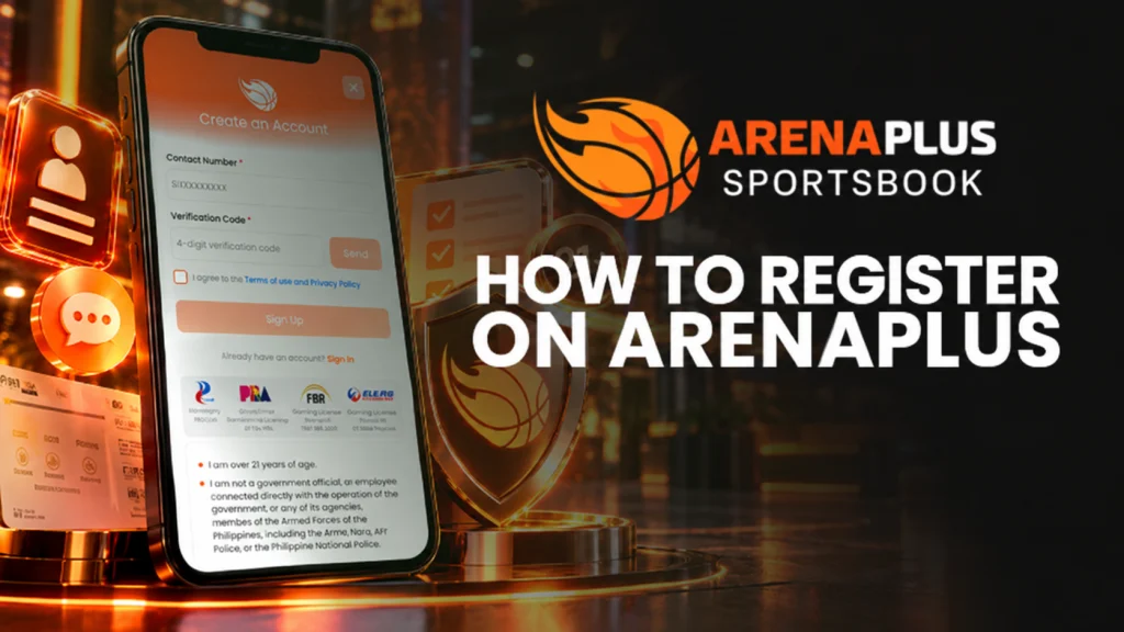 ArenaPlus registration guide banner showing the four-step account registration process and the required information, including full name, date of birth, contact details, username, and password.