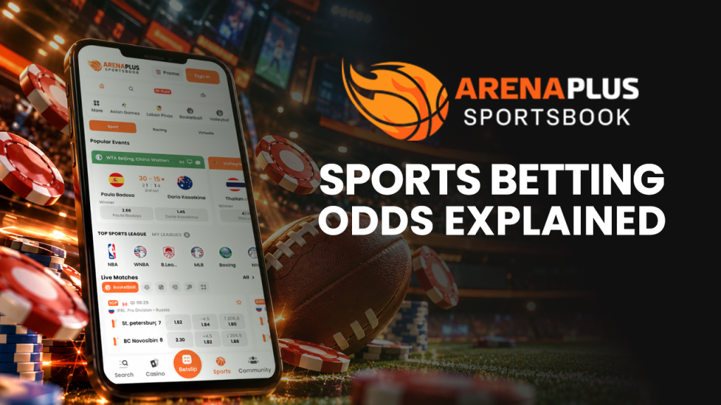 ArenaPlus sports betting odds banner explaining moneyline, spread, and totals bet types, with examples of decimal, American, and Hong Kong odds formats and a parlay overview.