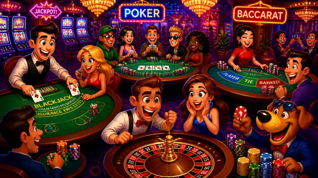 cartoon casino scene featuring table games such as blackjack, poker, baccarat, and roulette tables with players, slot machines, and casino signs.