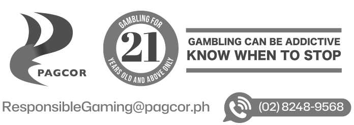 PAGCOR responsible gaming graphic featuring the 21 Years Old and Above gambling reminder, responsible gaming email, and National Problem Gambling Helpline phone number.