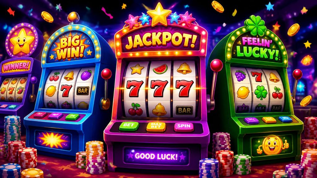 Colorful cartoon slot machines with jackpot, big win, and lucky-themed signs in a vibrant casino setting.