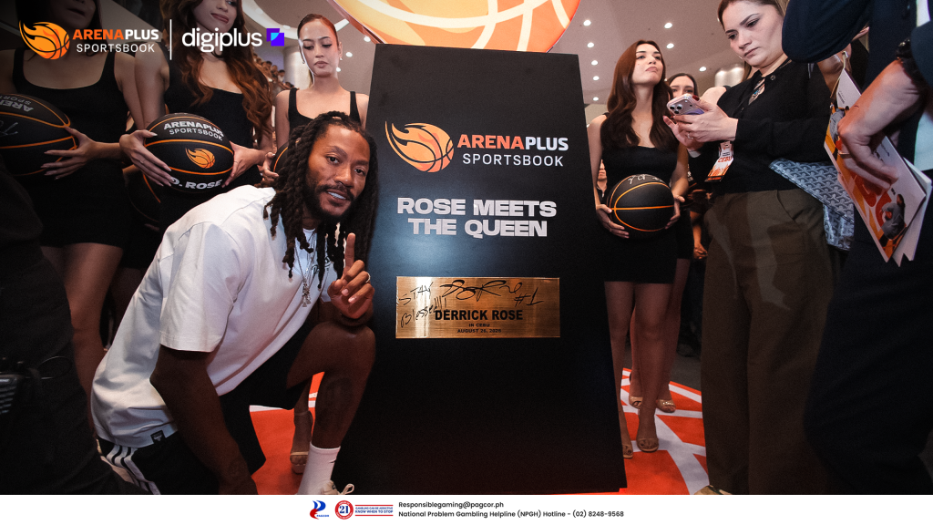 ArenaPlus event banner featuring a NBA MVP legend, Derrick Rose posing beside a “Rose Meets the Queen” display with ArenaPlus branding and basketballs.