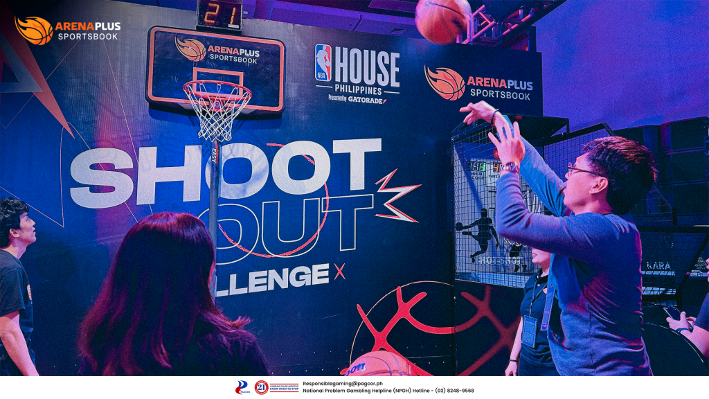 ArenaPlus Sportsbook basketball shootout event featuring a participant taking a shot at a basketball hoop during the Inside the first NBA House Philippines event.