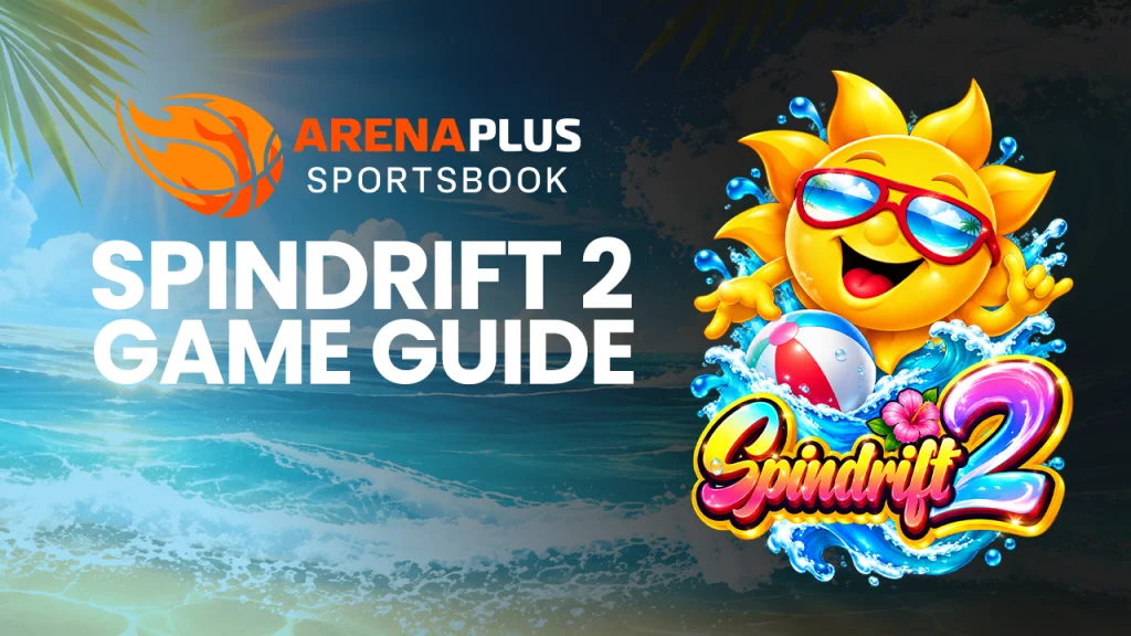 Spindrift 2 game guide graphic featuring slot reels, falling gold coins, and a coin splash.