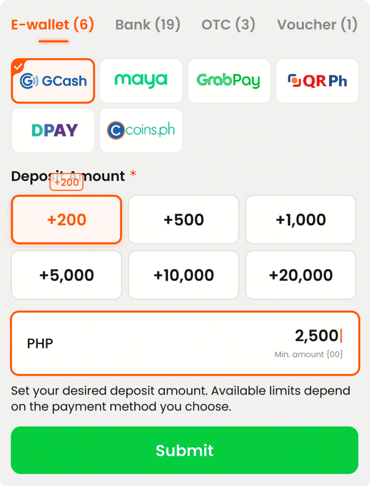 Under E-Wallet, select GCash and enter your preferred deposit amount.