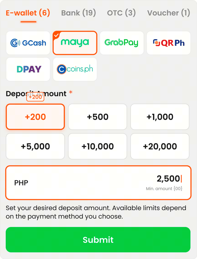 Under E-Wallet, select Maya, then enter your preferred deposit amount and tap Submit.